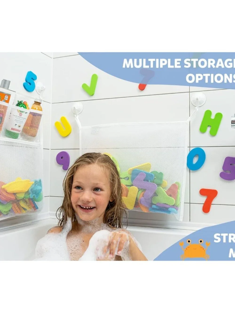 2 x Mesh Bath Toy Organizer + 8 Ultra Strong Hooks – The Perfect Bathtub Toy Hol